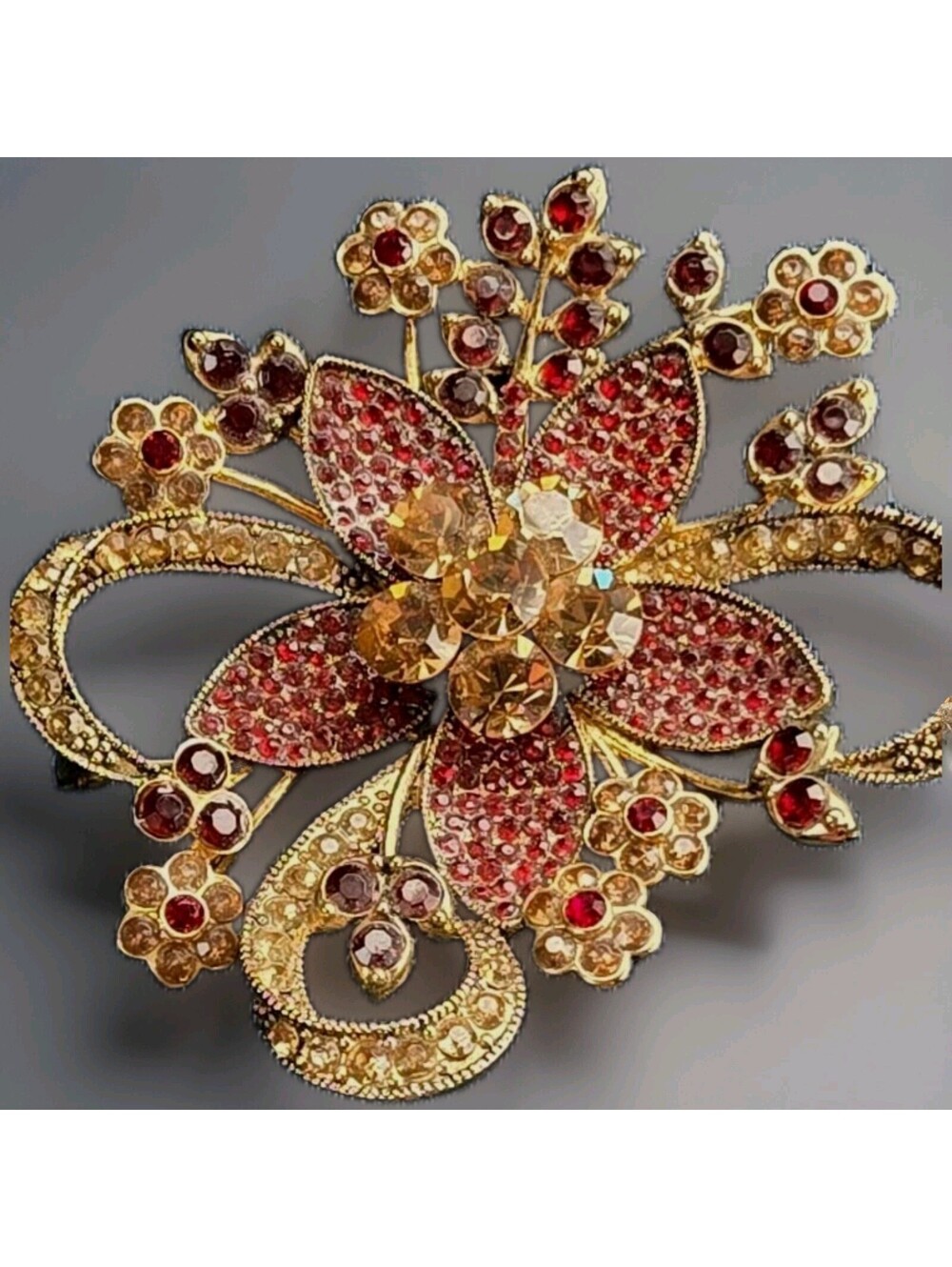 Vintage Avon 35th Anniversary Poinsettia Red and Amber Rhinestone Brooch 3X3"